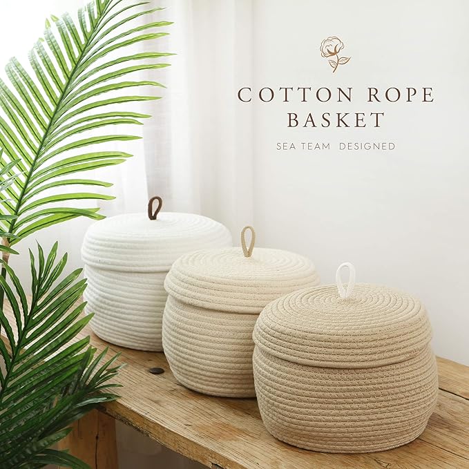 Sea Team Round Cotton Rope Storage Basket with Lid, Decorative Woven Storage Bin, Pot, Caddy, Organizer, Container for Snacks, Towels, Plants (Cream, Small/2-Pack)