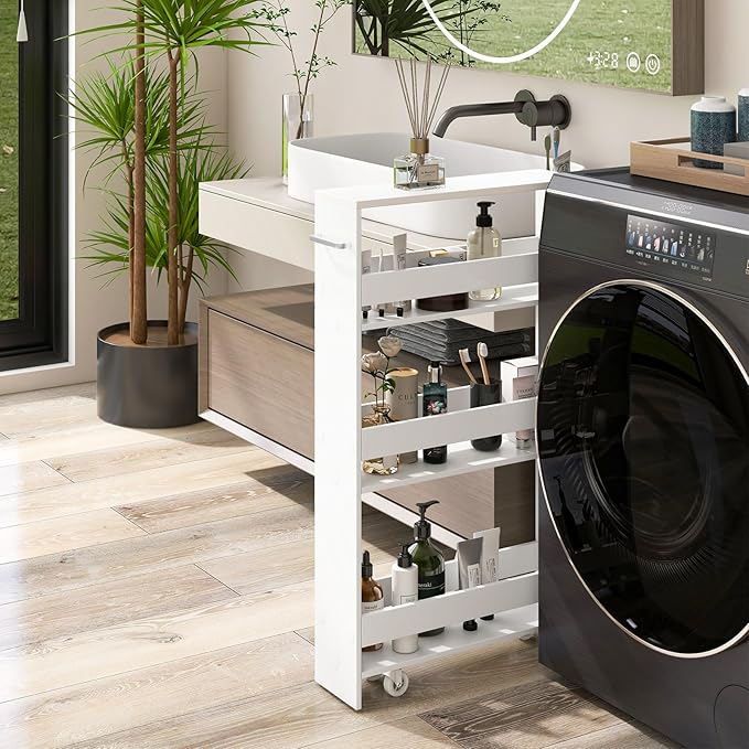 LOKO Slim Storage Cart, 4-Tier Rolling Cart with Handle & Wooden Top for Kitchen Bathroom Laundry Living Room Narrow Small Spaces, 5 Inches Width (Plain White)