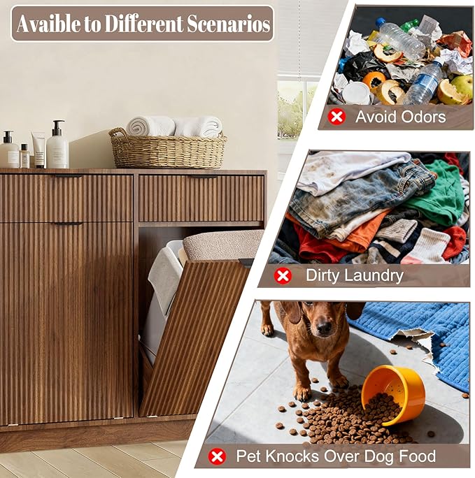 Double Tilt Out Trash Can Cabinet, Laundry Hamper Cabinet with 2 Drawers, Trash Can Holder Cabinet, Wave-Textured Front, 2 × 10 Gallon, Walnut