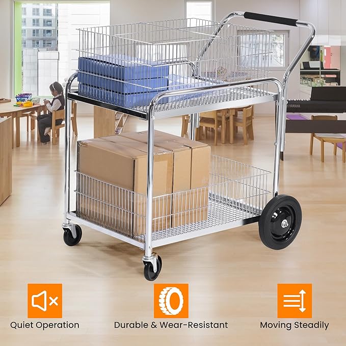 Mail Office File Cart, 400lb Capacity Heavy Duty Steel File Organizer Cart, 2 Shelf Basket Wire Office File Cart for Offices, Home, Warehouse，Court.