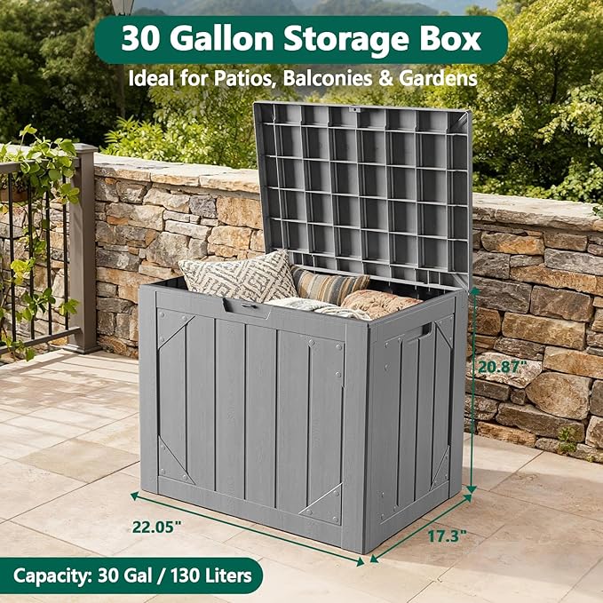 Outdoor Storage Box, 30 Gallon Deck Box Outdoor Storage Bench Outside Waterproof Resin Storage Bench, Lockable Patio Cushions, Garden Tools Storage For Furniture, UV Resistant(Gray)