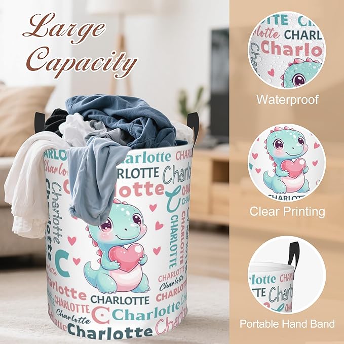 Custom Name Laundry Hamper, Personalized Dinosaur Laundry Basket with Name for Laundry Room Dorm Bedroom, Customized Name Dirty Clothes Hamper with Handles for Clothes Toy Boys Girls Men Women