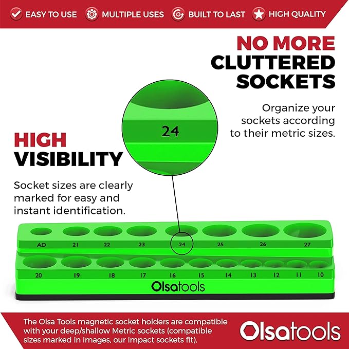 Olsa Tools Magnetic Socket Holder | 1/2-inch Drive | Metric | Green | Holds 19 Sockets | Professional Quality Tools Organizer