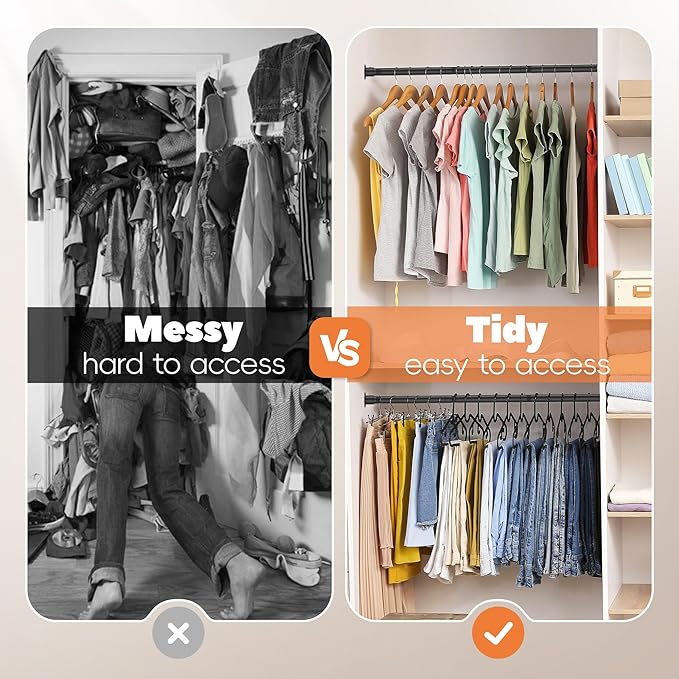 Closet Rod 50-75 Inches, Adjustable Heavy Duty Metal Black Closet Rods for Hanging Clothes 1.3 Inches Diameter for Wardrobes Laundry