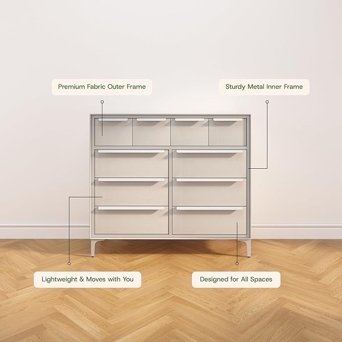 Naima Premium Fabric Dresser - Strong Metal Frame, 10 Spacious Sag-Proof Drawers with Sleek Metal Handles - Premium & Durable Storage Solution for Your Home (Beige)