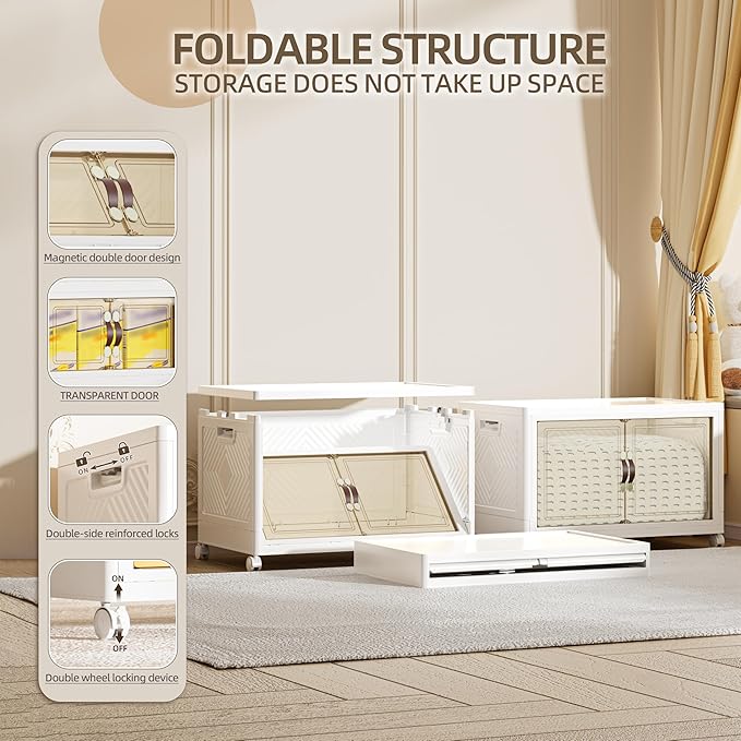 104 QT / 26 Gal Large Foldable Stackable Plastic Storage Cabinet with Double Magnetic Doors, Leather Handles & 4 Wheels - Organize Home, Office, Closet