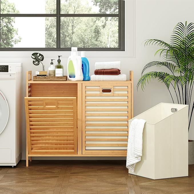 Giantex Tilt Out Laundry Hamper, 20 Gal Bamboo Laundry Storage Cabinet with 2 Removable & Foldable Fabric Bins, Top Shelf, Pull Out Laundry Basket Organizer for Bathroom, Living Room, Bedroom