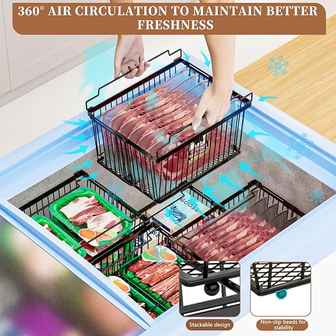 Large Freezer Organizer Bins，Upgraded Bottom Leak-Proof net，Fit 5 to 9 Cu Ft Chest Freezer，3 Pack， Expandable Stackable Chest Freezer Containers with Handle