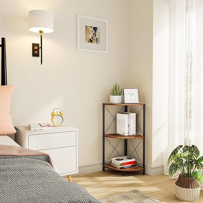 Snughome Corner Shelf with Metal Frame, 3 Tier Rustic Corner Storage Organizer, Freestanding Corner Bookshelf Stand Display Rack for Kitchen, Living Room