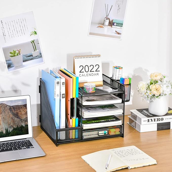 Marbrasse Desk Organizer with File Holder, 5-Tier Paper Letter Tray Organizer with Drawer and 2 Pen Holder, Mesh Desktop Organizer and Storage with Magazine Holder for Office Supplies(Black)