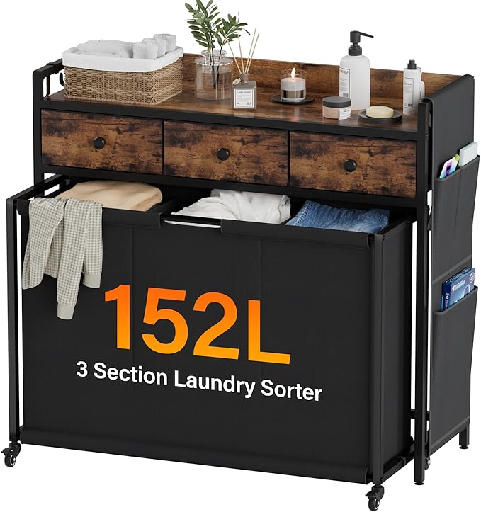 Laundry Hamper Sorter 3 Section: Rolling Laundry Basket Organizer with Wheels for Room Organization and Storage - Clothes Hamper with Shelf & Oxford Fabric Drawers & Bags