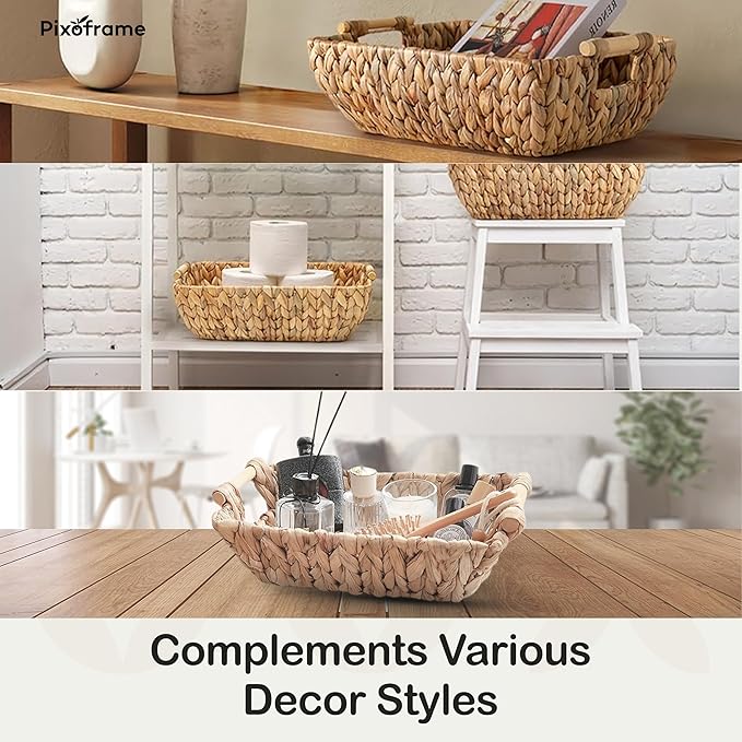 Small Rectangular Handwoven Wicker Basket - Water Hyacinth Storage Baskets with 2 Polished Wooden Handles for Store Hand Towel, Fruits & Veggies etc – 12.25"x7"x4.75" - Pack of 2 - Natural