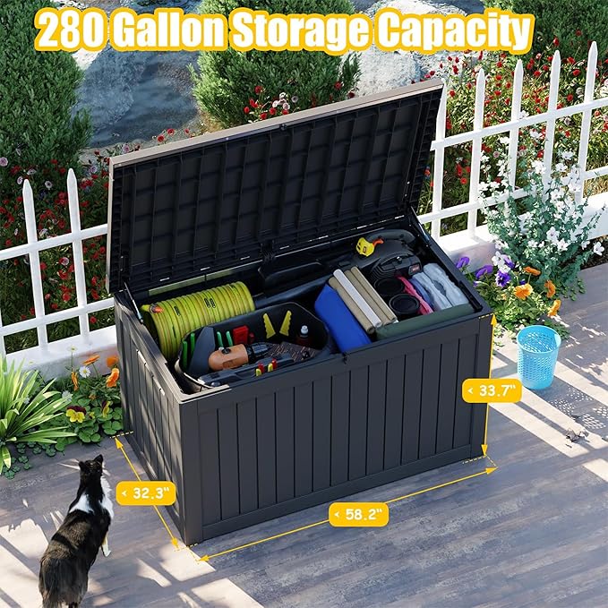 280 Gallon Outdoor Deck Box,Storage Lockable Waterproof Patio Furniture,Garden Tools,Cushions,Pool Accessories Outside Storage Resin Box(Black)