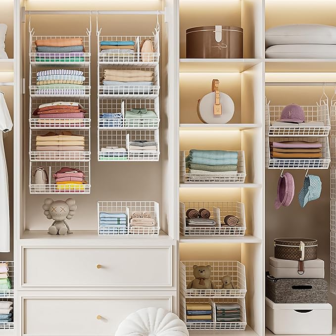 6 Tier Extra Large Hanging Closet Organizer, Closet Storage Hanging with Dividers, Wire Closet Shelf with 5 S Hooks 4 Dividers,Sweater Handbag Hat Accessory Storage Hanger,White
