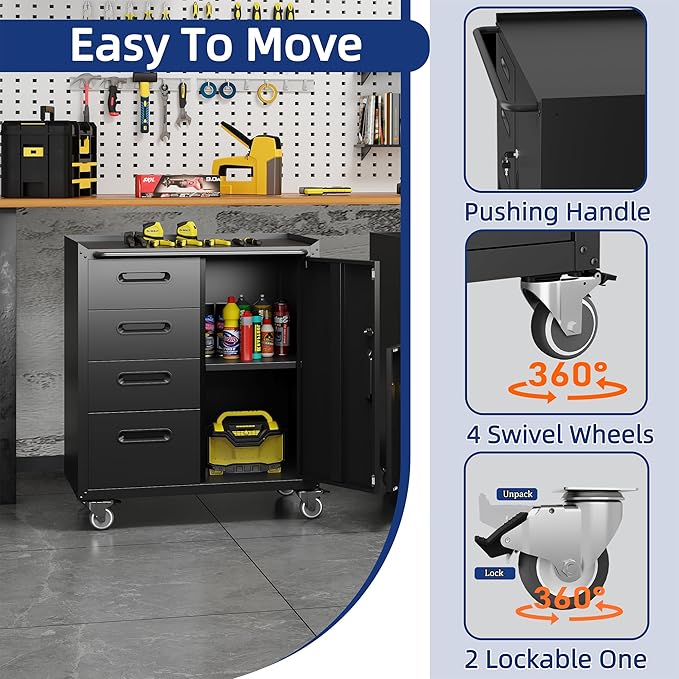 Metal Tool Cabinet,Garage Storage Cabinet System,Wall Cabinet & Locking Rolling Tool Cabinet with Doors and Adjustable Shelves,Steel Tool Cabinets for Home (2 Pcs-StyleF, Black)