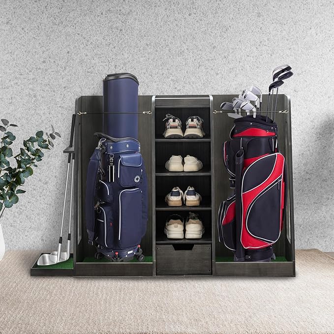 Wooden Golf Bag Storage Organizer Fits 2 Bags and Multiple Golfing Equipment Accessories, Golf Bag Rack Club Stand Holder Great Gifts for Any Level Golfer