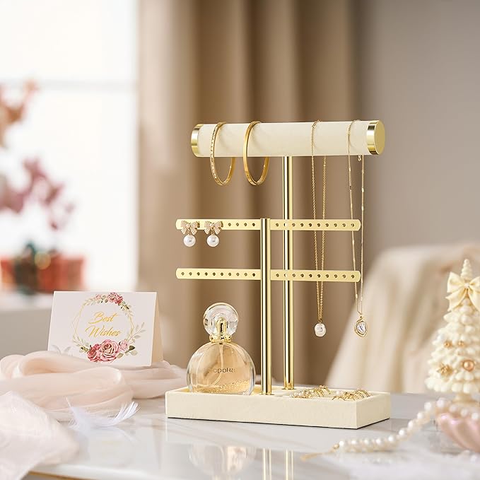 2 Tier Bracelet Holder Display - Detachable T Bar Beige Velvet Bracelet Holder, Jewelry Holder Organizer for Bracelet, Necklace, Earrings, Rings