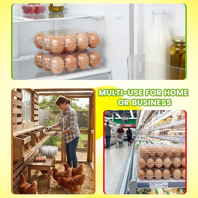 LOVEINUSA 100 PCS 12 Count Plastic Egg Cartons, with 105PCS Date Labels, Bulk Cheap Clear Reusable Egg Holder for Fresh Medium Eggs Storage, Suitable for Farms, Families, Markets Display