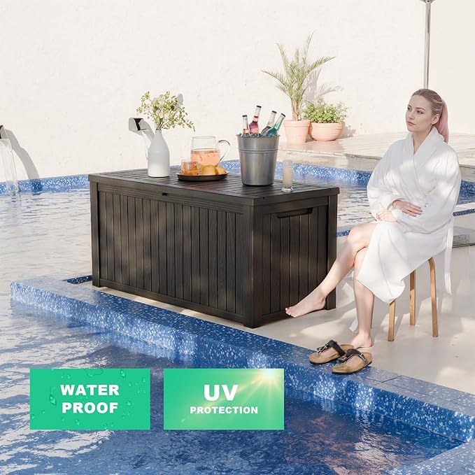 200 Gallon Outdoor Deck Box,Storage Lockable Waterproof Patio Furniture,Garden Tools,Cushions,Pool Accessories Outside Storage Resin Box(Black)