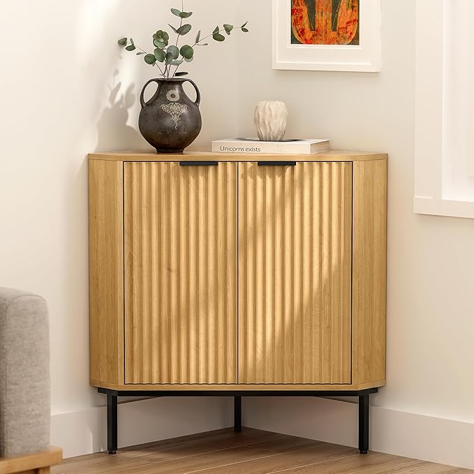 Fluted Corner Cabinet, Modern Small Corner Floor Cabinet with 2 Doors and 2-Tier Shelves, Freestanding Narrow Organizer for Living Room Kitchen Bathroom, Natural Oak