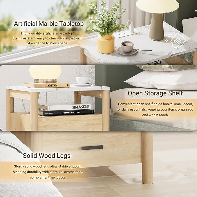 Night Stand Set of 2 with Charging Station, 20" Large Modern Nightstand with Faux Marble Top, 2 Drawers End Table with Solid Round Post Legs&Open Shelf, for Bedroom, Natural Oak
