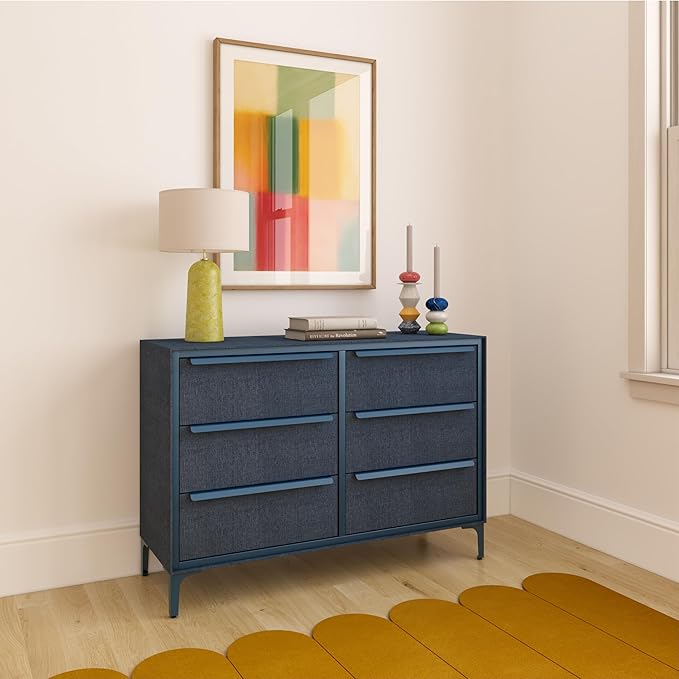 Naima Premium Fabric Dresser - Strong Metal Frame, 6 Spacious Sag-Proof Drawers with Sleek Metal Handles - Premium & Durable Storage Solution for Your Home (Navy)