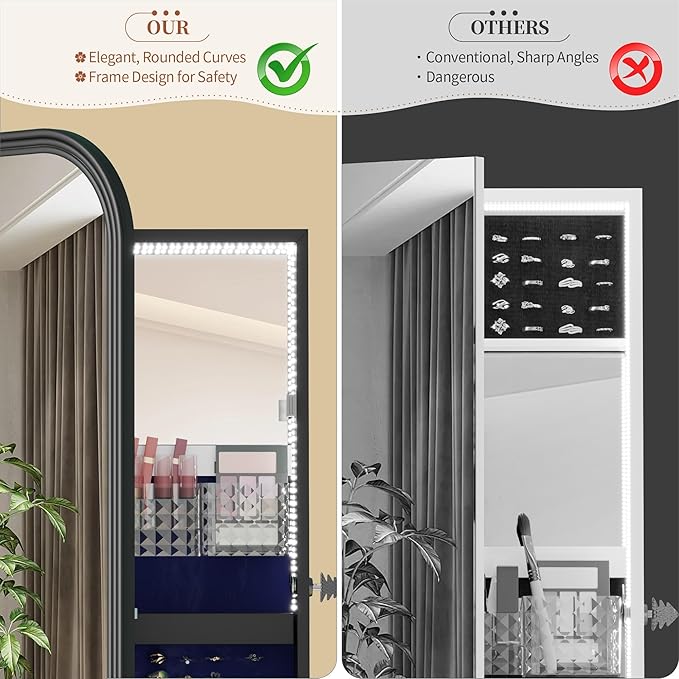 61" Full Length Mirror Jewelry Cabinet with Storage – Rotating, Lockable Jewelry Armoire with Velvet Lining, Standing Organizer for Women – Ideal Gift for Jewelry Storage & Display, Black