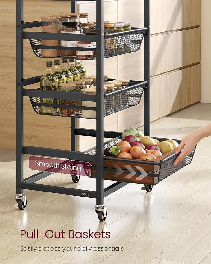 VASAGLE Storage Cart with Pull-Out Baskets, 5-Tier Kitchen Cart with Wheels, Handle, 12.5 x 15.8 x 37.4 Inches, Rustic Brown and Ink Black ULRC041K01