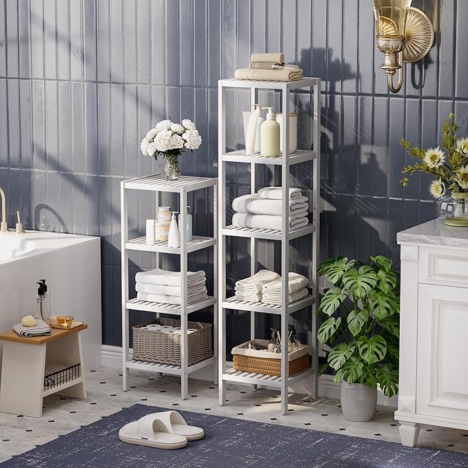 SMIBUY Bathroom Storage Shelf, 5-Tier Bamboo Rack Organizer, Multifunctional Shelving Unit for Living Room Bedroom Kitchen (White)