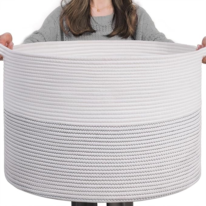 INDRESSME XXXLarge Cotton Rope Basket 21.7" x 21.7" x 13.8" Woven Baby Laundry Basket for Blankets Toys Storage Baskets with Handle Comforter Cushions Storage Bins Thread Laundry Hamper-Black Stitch