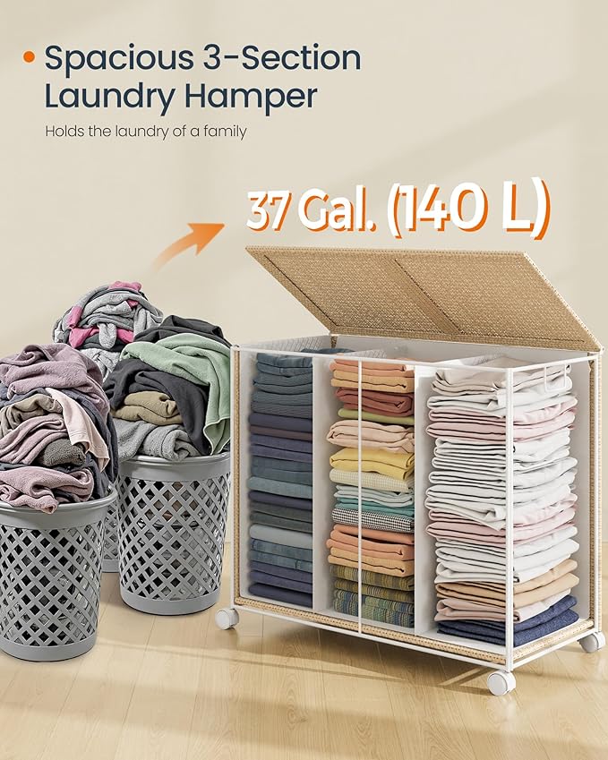 SONGMICS HOME Laundry Hamper with 3 Section, Large 140 L Rolling Laundry Basket with Wheels, Rattan Clothes Basket with Lid, Removable Liner with Handles, Natural Beige and Matte White ULCB602N01