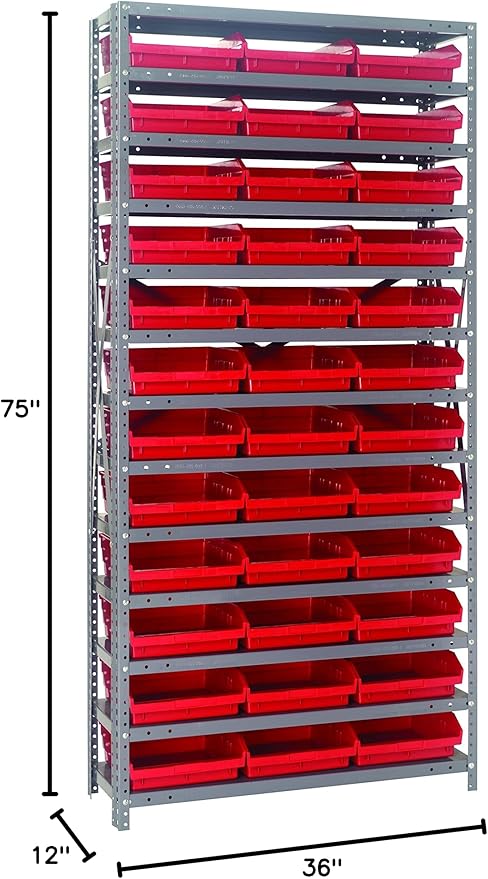 Quantum Storage Systems 1275-109RD Steel Shelving Unit with 4" Shelf Bins, 12" D x 36" W x 75" H, Red