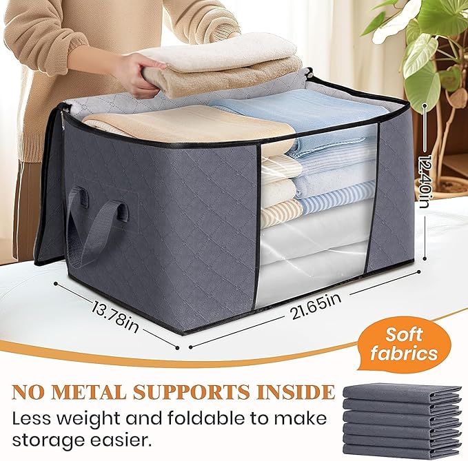 Large Clothes Storage Bags 6 Pack, Foldable Closet Organizers with Durable Breathable Fabric & Clear Window for Blankets, Comforters, Pillows, Bed Sheets, Toys & Seasonal Clothing (Gray)