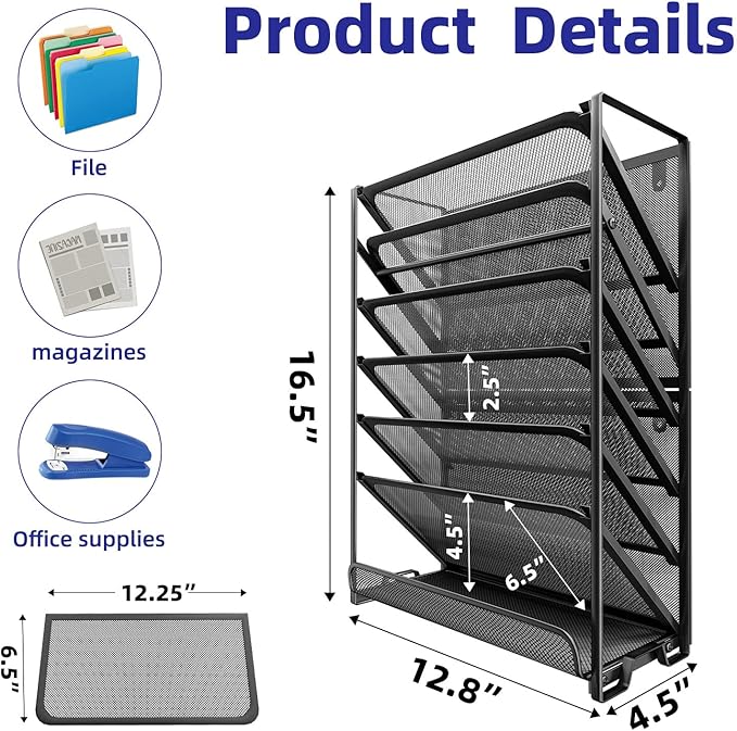 Simple Trending Wall File Organizer, Mesh 7-Tier Vertical Hanging File Holder, Desktop Metal Files Rack for Office and Home, Black