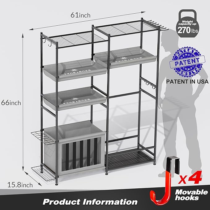 Garage Sports Equipment Organizer, Heavy Duty Ball Storage Rack with Baskets & Hooks, Golf Bag Stand for 2 Bags, Outdoor & Indoor Sports Organizer for Kids Toys,Basketball,Football,Gym & Fitness Gear