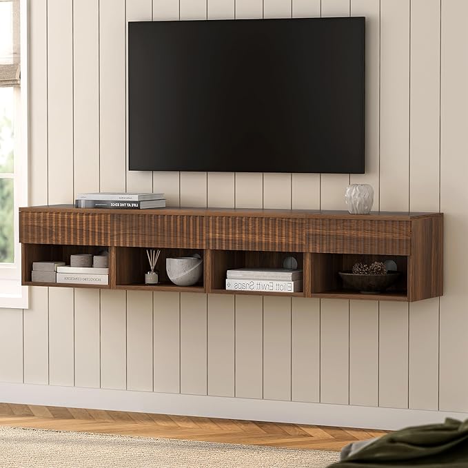 Floating Nightstands Set of 4 with Drawer and Open Shelf, Small Wall Mounted Bedside End Table, Modern Fluted Night Stand for Bedroom, Living Room, Brown