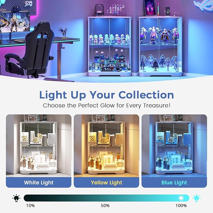 Corner Display Cabinet with Glass Doors, Small Display Case with 3-Color LED Lights and Charging Station, 2-Tier Curio Cabinet with Storage and Shelf, White