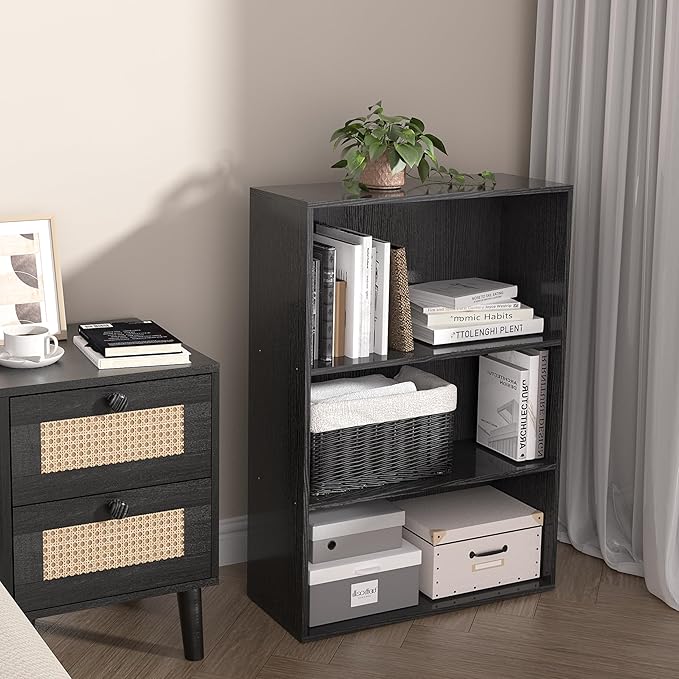 Wooden 3 Cube Storage Organizer,3 Tier Low Bookcase Storage Display Organizer, 33 Inch Versatile Cubes Shelf and Cubby Unit for Any Space (Black, 3 Cube-W(23.6inch)