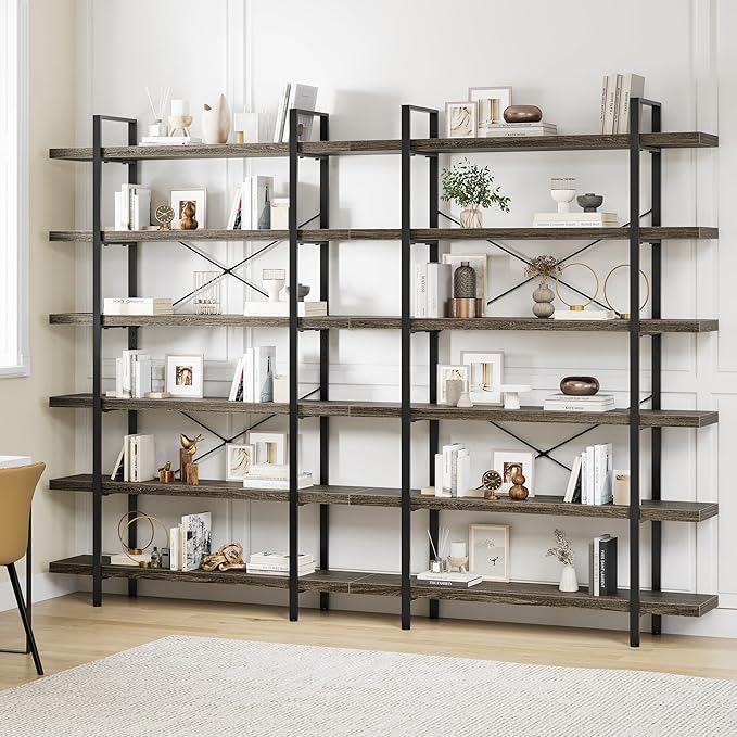 Bookshelf Set, Heavy Duty 6-Tier Industrial Bookcase, 47" Wide Wood Bookshelf for Home Office, 120lbs Shelf Capacity, Rustic Open Display with Horizontal Shelf for Living Room Bedroom, Grey