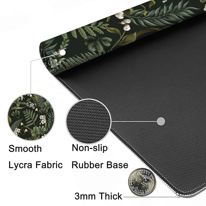 Desk Mat,White Flowers and Fern Gaming Mouse Pad,XXL Extended Mouse Pad Mat for Office,Computer,Keyboard with Non-Slip Base Stitched Eges Mousepad 35.4x15.75 inch