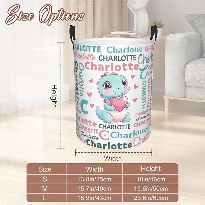 Custom Name Laundry Hamper, Personalized Dinosaur Laundry Basket with Name for Laundry Room Dorm Bedroom, Customized Name Dirty Clothes Hamper with Handles for Clothes Toy Boys Girls Men Women