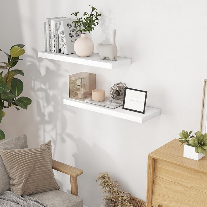 Fun Memories White Floating Shelves 32 Inch Long, Rustic Wood Wall Mounted Floating Shelf for Bathroom, Bedroom, Kitchen, 9.3 Inch Deep Wall Shelves Invisible Brackets for Books|Storage|Decor