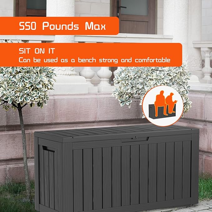 90 Gallon Deck Box,Resin Outdoor Storage Box with Lockable for Patio Furniture, Pool Accessories, Garden Tools Waterproof Outside Storage Box, Black
