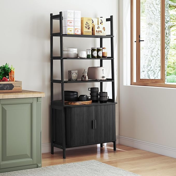 4-Tier Bookshelf, Tall Bookcase with Open Shelf and Sliding Door, 67” Freestanding Storage Organizer Display Cabinet for Living Room, Home Office (Black)