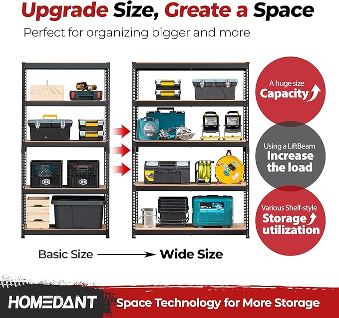 HOMEDANT 5 Tier Storage Shelves Adjustable Laminated Boltless Garage Metal Shelving Unit Heavy Duty Utility Rack Shelf Warehouse Pantry Closet Kitchen (4, (L) 48.1" W, Black)