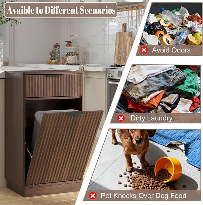 Tilt Out Trash Can Cabinet, Hidden Garbage Can Cabinet with Storage Drawers, Wave-Textured Front, 10 Gallon, Walnut