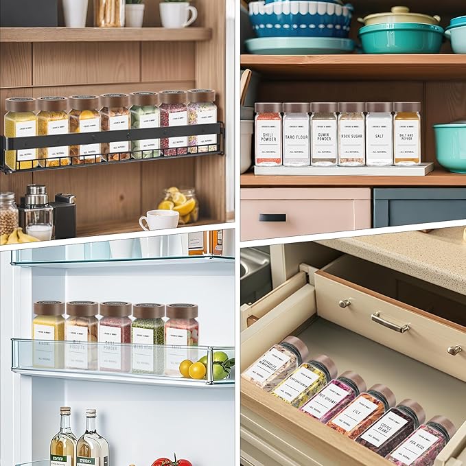 ZEHIQ 30Pcs Glass Spice Jars with Acacia Wood Lids, 4 oz Square Seasoning Containers with Labels, Seasoning Jars with Shaker Lids, Chalk Pen, Funnel, Cleaning Brush, Spice Bottles for Cabinet, Drawer
