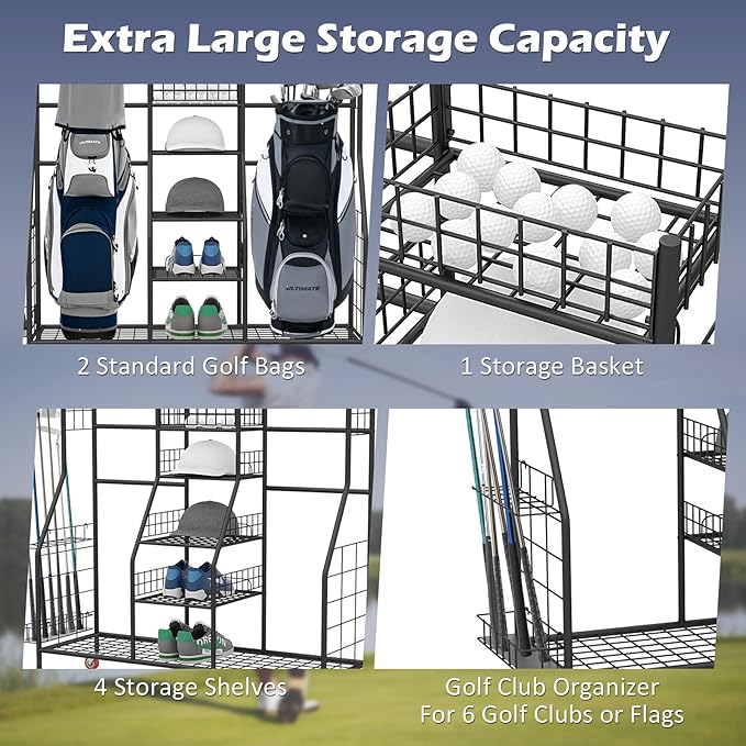 GYMAX Golf Bag Organizer, Golf Storage Garage Organizer with Lockable Wheels & Golf Club Side Pockets, Extra Large Golfing Equipment Rack for Golf Accessories Garage Organizer