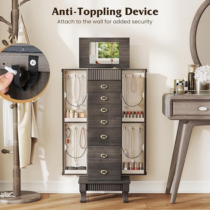 Giantex Standing Jewelry Cabinet with 7 Drawers, Flip-Top Mirror, 2 Side Doors with 12 Necklace Hooks, Divided Ring Compartments, Velvet-Lined Jewelry Armoire Organizer Chest (Weathered Gray)