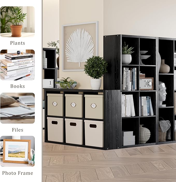 Cube Storage Organizer Bookcase, Decorative 11 inch Open Back Cubical Shelf with Thickened Border, Display Bookshelf for Living Room, Home Office, Sturdy Room (Black, 6 Cube)